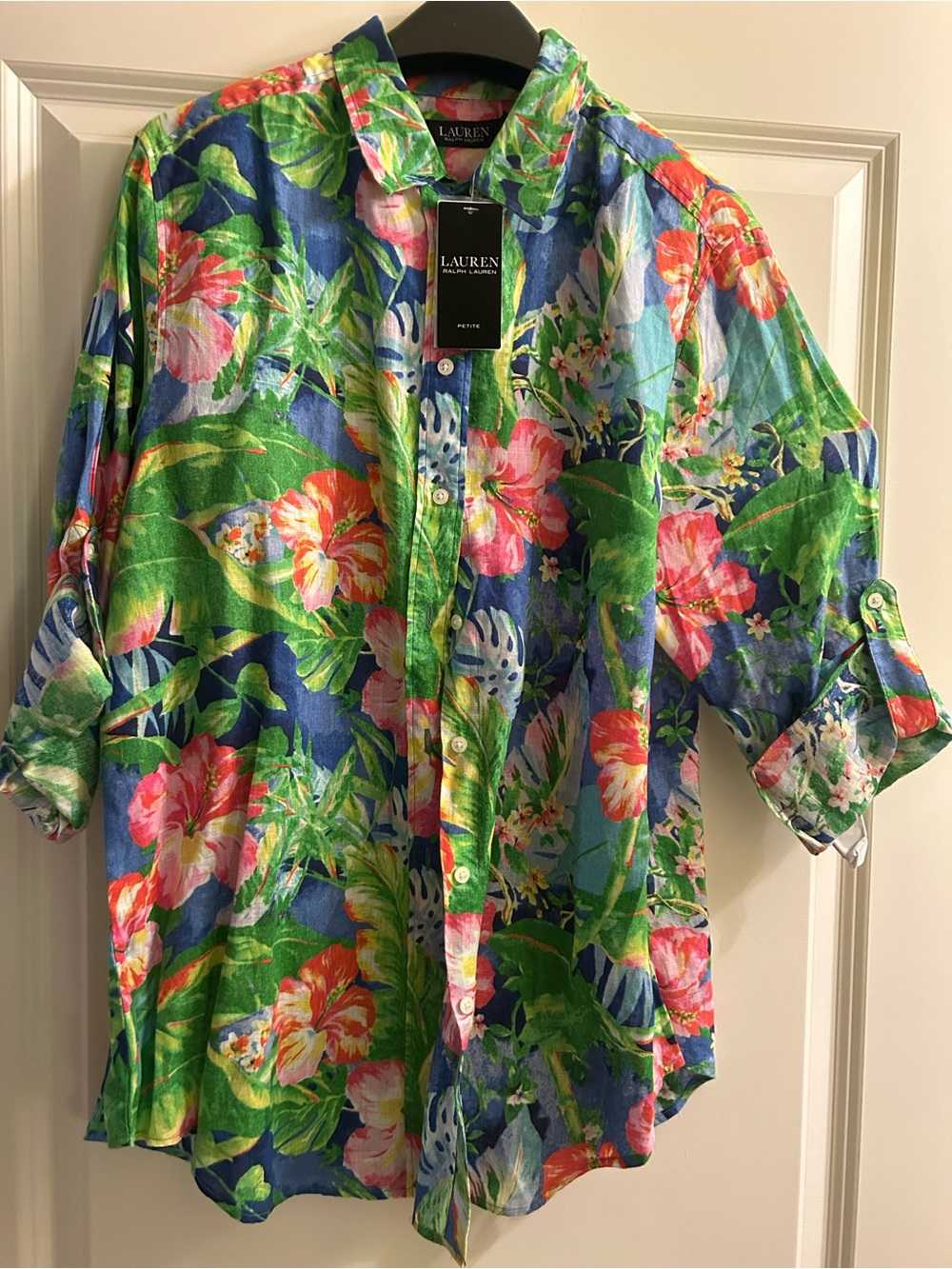 Lauren Ralph Lauren Bright Blue Tropical Floral Shirt with Pink & Green Accents